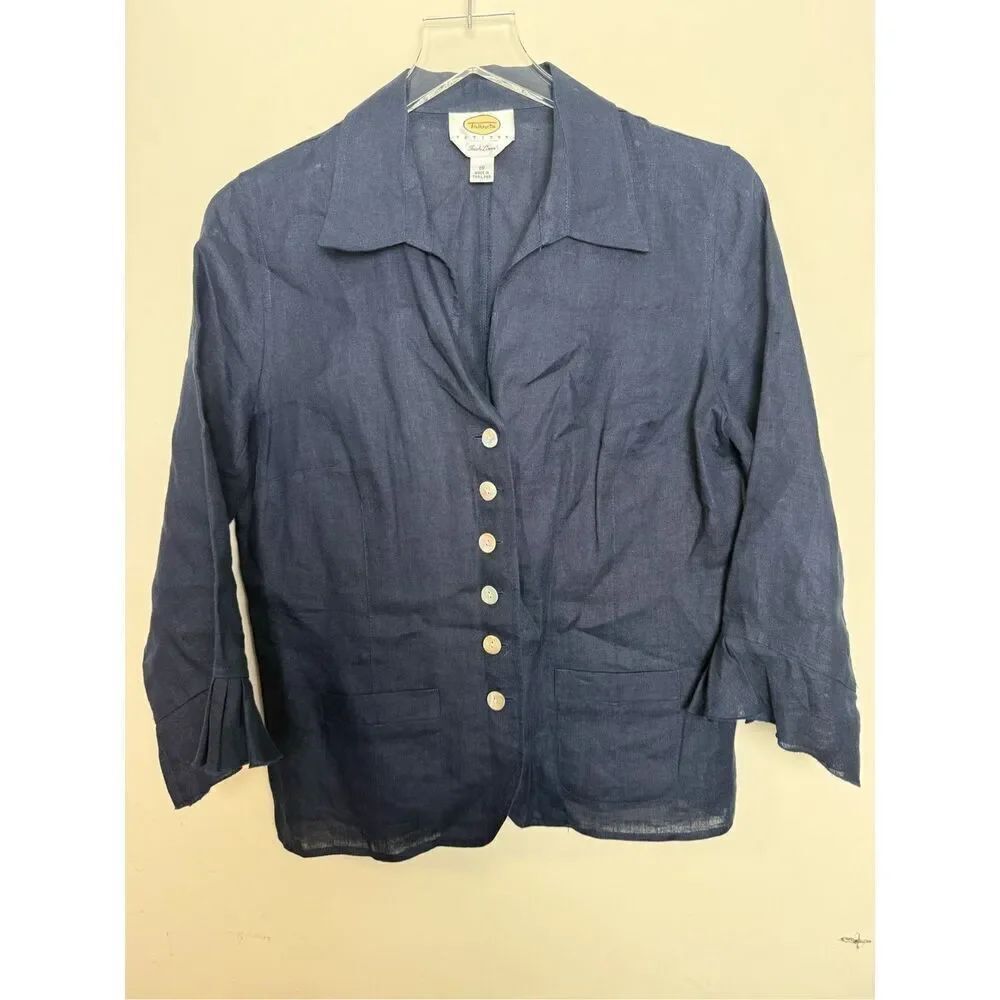 Talbots Womans Petite 10 Blazer Jacket 100% Irish Linen Navy Blue Coastal LagenL